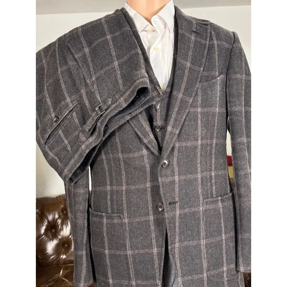 Tom Ford Brown Windowpane Tweed Wool Silk 3Pc Suit 50 40R 34x30 Trousers